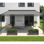 SOLUNA Pergola mit Stoffdach 4x4 Stoff Dessin 8445 Gestell RAL 7016 anthrazitgrau Antrieb rechts inkl. Motor, Wandschalter (Wandbefestigung)